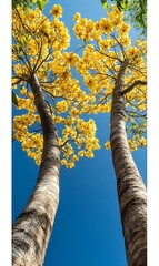 Fototapeta premium Looking up at the yellow flowering trumpet trees under the bright blue sky