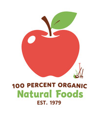 Organic Apple Logo: Red Apple with Green Leaf, Farm Tools, Minimalist Design, Natural Foods Theme, Established 1979
