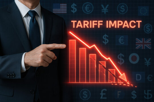 A businessman strategically analyzing the tariff impact through a glowing downward trend chart highlighting decision-making and business efficiency within a global market context
