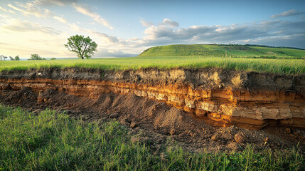 Cross-section image showing clear soil layers in farmland: topsoil, subsoil, and bedrock