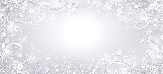 Elegant, light gray background with intricate floral swirls and delicate details