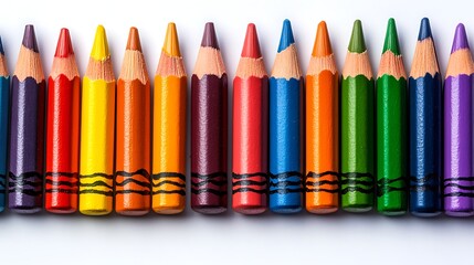 Colorful Pencils Aligned Vertically, A row of colorful sharpened pencils arranged vertically on a white background