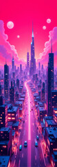 Obraz premium Pink Neon Cityscape at Dusk with Moonlit Skies