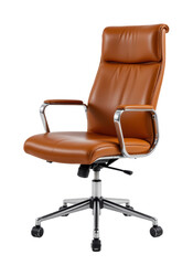 Contemporary cognac leather office chair with metal armrest and wheels, designed for comfort and style in workspace settings