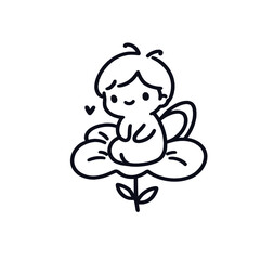Cute fairy outline with a loving mood sitting on a flower against black background