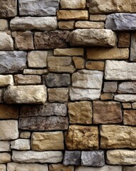 Obraz premium Close-up of a rustic stone wall featuring various sized and colored rocks in a stacked pattern creating a textured surface