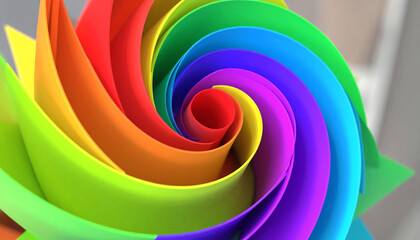 Obraz premium A vibrant spiral of colorful paper creates a dynamic visual effect, showcasing a blend of rainbow hues that evoke creativity and energy