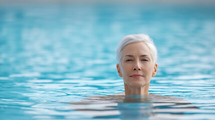 Senior woman relaxing in geothermal spa, soaking in mineral rich water, experiencing therapeutic wellness and soothing rejuvenation