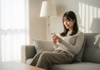 ソファでスマートフォンを操作する若い女性