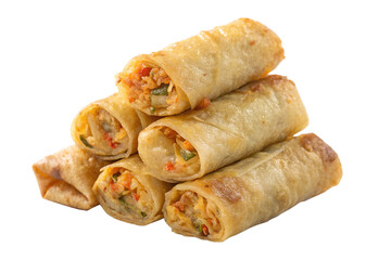 crispy chinese spring roll stack isolated on white or transparent png close-up