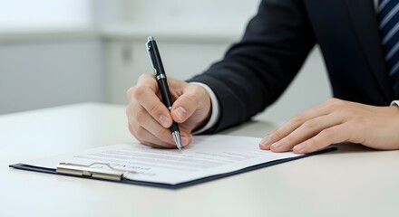 Recorte de una persona con bolígrafo firmando un contrato en un escritorio a la luz del día.