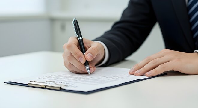 Recorte de una persona con bol&iacute;grafo firmando un contrato en un escritorio a la luz del d&iacute;a.