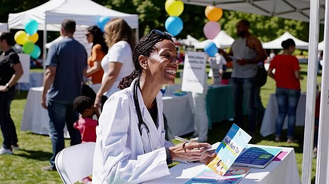 Diverse People Engaging at Outdoor Health and Wellness Fair with Informative Booths and Activities