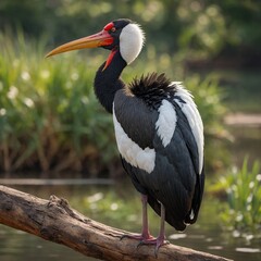 Fototapeta premium Saddle-billed Stork bird on piece of wood