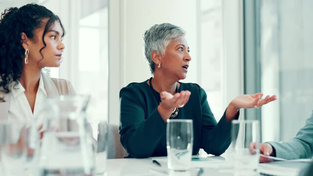 Finance, manager and business women planning in meeting for teamwork, collaboration or investment. People, explain and mature financial advisors talking for project, budget growth and risk management