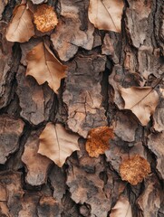Fototapeta premium Close to the ground the dry bark of an ancient pine reveals its rugged texture scattered with fragile dried leaves that whisper of seasons past capturing a moment of natures artistry