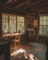 Cozy wooden cabin interior view with work table and window overlooking forest in warm sunlight