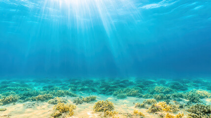 Fototapeta premium Beneath serene surface, vibrant coral reefs thrive in clear blue water, illuminated by sun rays, creating tranquil underwater scene