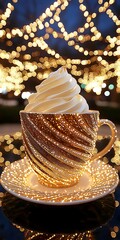 Elegant dessert in glittering cup with fairy lights background
