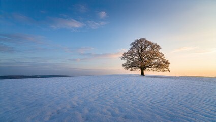 Majestic solitary tree standing on a snow covered hill under a beautiful winter sky