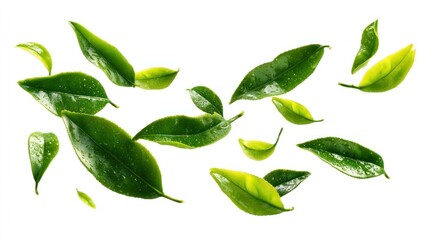 Green Tea Leaves in Motion: A Refreshing Burst of Nature