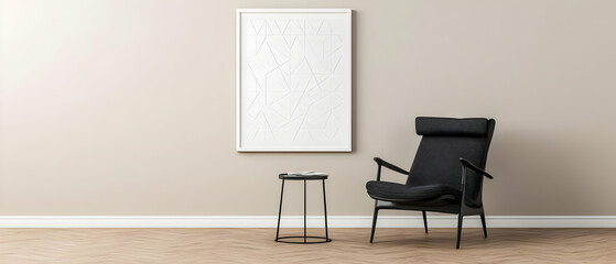 Stylish Minimalist Room With Abstract Art And Black Chair