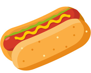 Delicious hot dog with mustard in a bun, fast food design element
