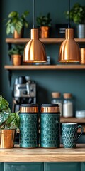 Modern Kitchen Decor with Copper Lamps and Stylish Coffee Mugs