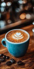 Warm Coffee Cup with Latte Art and Coffee Beans on Wooden Table
