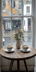 Cozy Coffee Scene with Flowers by Window on a Rainy Day