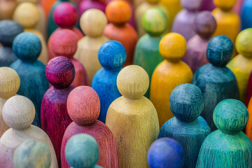 Colorful wooden figures forming a diverse crowd a representation of unity and diversity