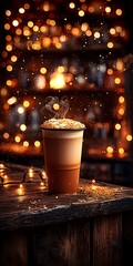 Warm Coffee Drink with Steam and Cozy Bokeh Background
