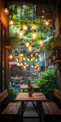 Cozy Outdoor Cafe Ambiance with Decorative String Lights and Plants