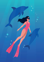 Vector illustration on vacation girl diver in mask, flippers swims underwater with two dolphins. Depth, underwater world, freedom, harmony with nature. For projects in the field of tourism and travel
