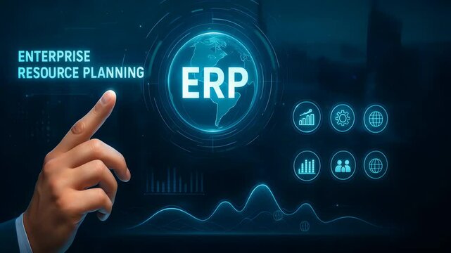 Businessman Pointing at ERP System Icon on Digital Interface Representing Enterprise Resource Planning and Data Management Process

