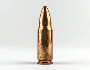 A metallic bullet stands upright on a plain background, showcasing its polished surface and distinct shape