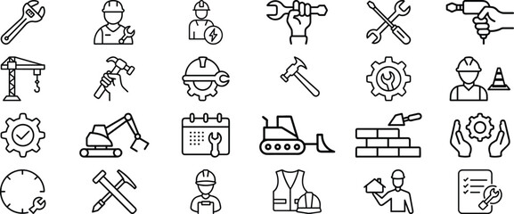 Handyman renovation thin line icons set vector illustration. maintenance work of builders, handyman and engineer equipment. Building improvement and construction.