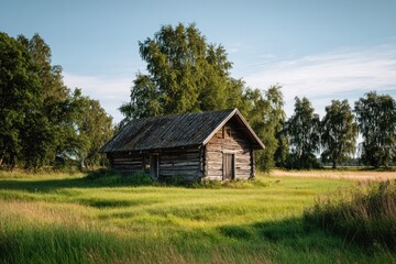 Old wooden cabin in a field sunny day