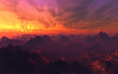 Fototapeta premium Majestic mountain peaks stand silhouetted against a vibrant orange and purple sunset sky landscape