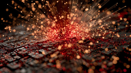 Red and orange burst of energy with AI chip debris