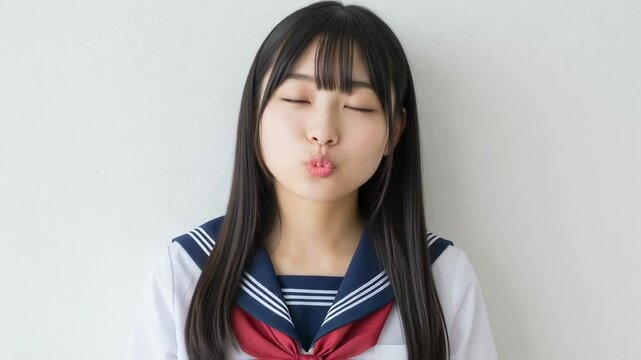 ふざけてキス顔をする女子高生のクローズアップ