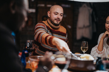 A group of friends sharing a meal indoors, enjoying food, drinks, and warm conversation in a relaxed atmosphere.