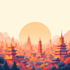 Vibrant Asian Village Sunset Pagodas Forest Serenity