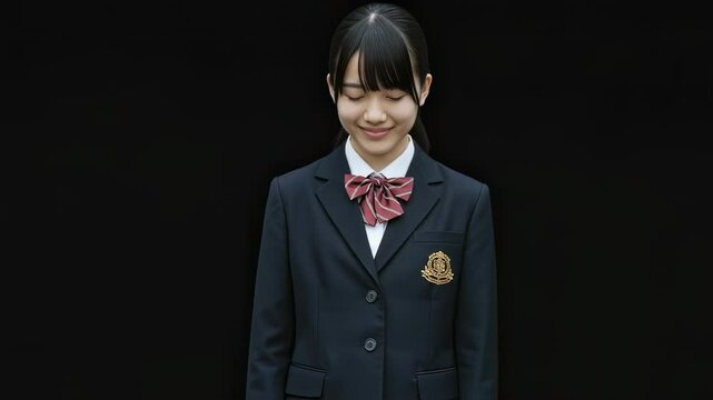 黒い背景。キス顔をして照れる女子高生