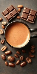 Rich Coffee with Chocolates and Coffee Beans on Dark Background