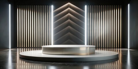 Minimalist Display Platform with Sleek Lighting and Geometric Wall