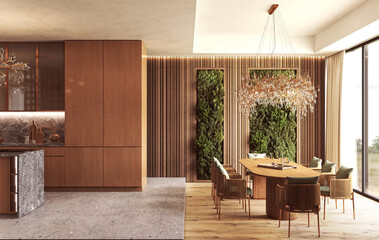 Elegant dining space with greenery wall and crystal chandelier