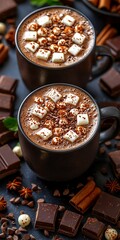 Rich Hot Chocolate with Marshmallows and Chocolate Bars on Table