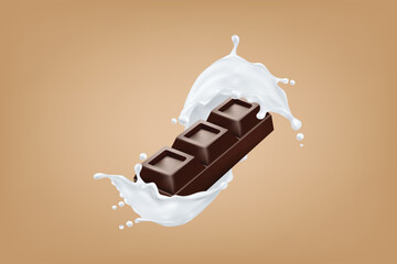 Chocolate bar splashing into milk, dynamic composition great for dairy ads and sweet treat promotions.