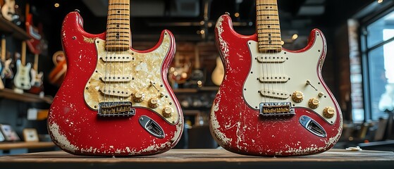 Vintage Red Electric Guitars with Distressed Finish in a Studio